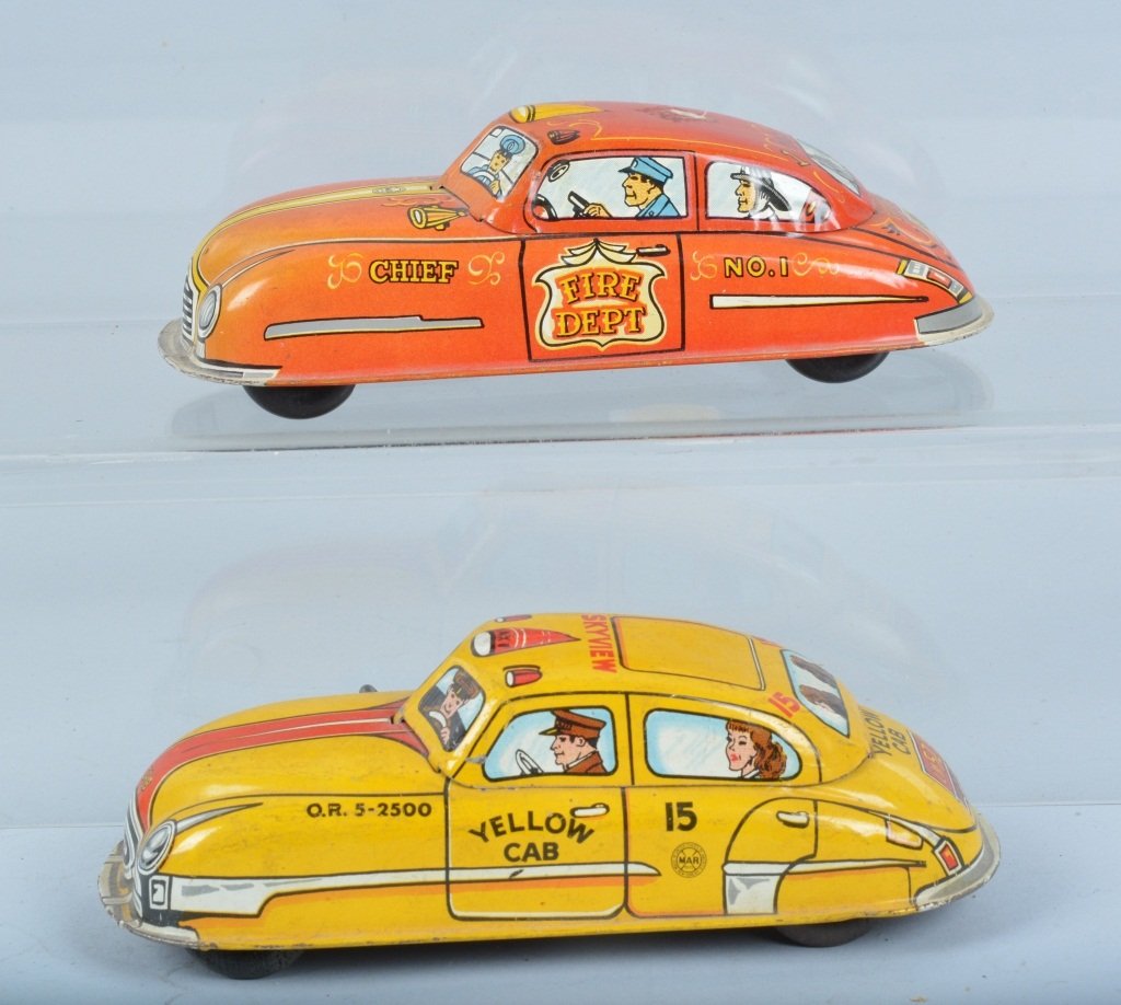 MARX Tin Windup YELLOW TAXI & FIRE CHIEF CAR (1 of 4)