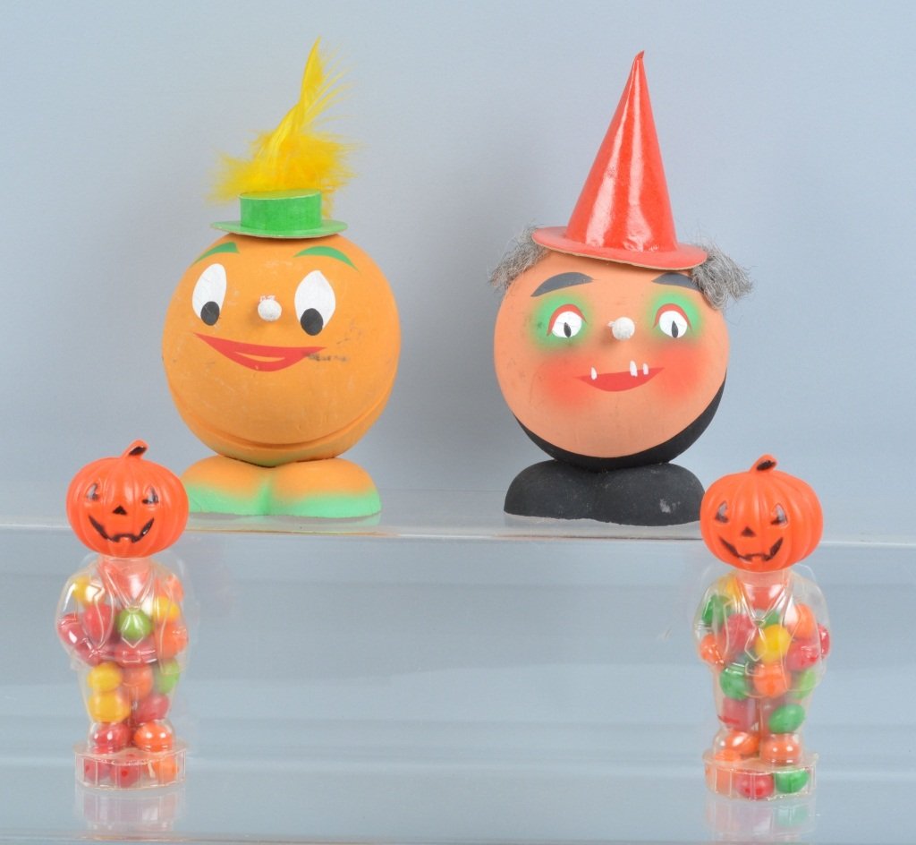 Vintage HALLOWEEN PUMPKIN & WITCH CANDY CONTAINERS: Includes vintage paper mache Jack O Lantern Candy Container, vintage Witch paper mache Candy Container, and 2 plastic full body Jack O Lantern Candy Containers. All original with great details. Made i