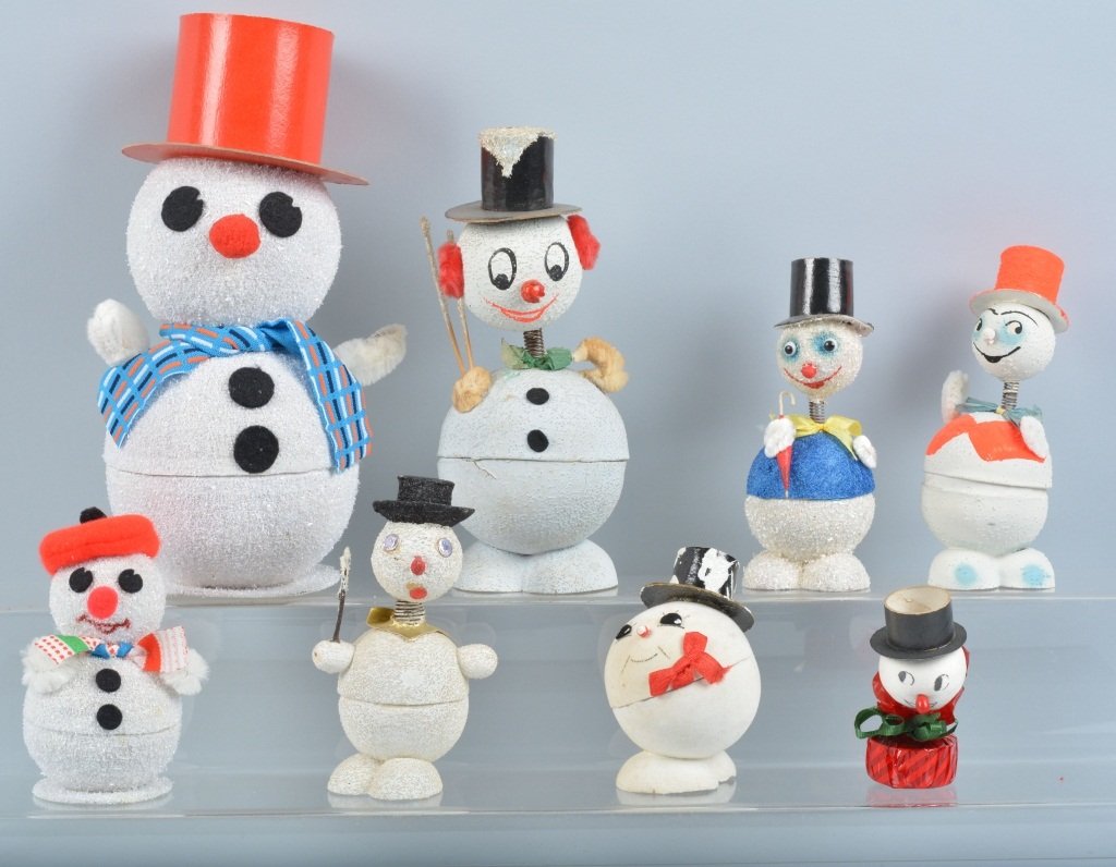 Vintage CHRISTMAS SNOWMAN CANDY CONTAINERS: Lot of vintage Christmas Snowman paper mache Candy Containers. All original with great colors and details. Made in Japan. Largest measures 11" Excellent