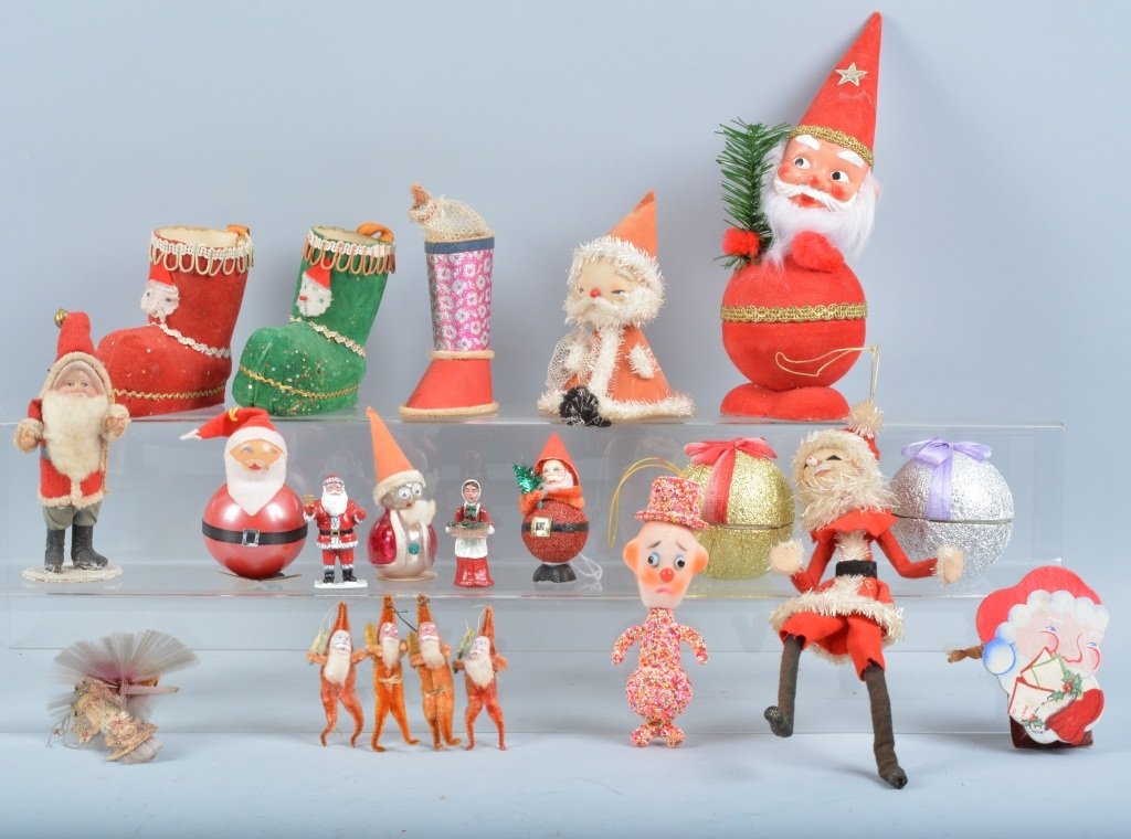 VINATGE SANTA CLAUS & CHRISTMAS CANDY CONTAINERS: Nice lot of vintage Santa Claus Candy Containers some paper mache and other. Plus Christmas Boots and Ornaments Candy Containers. Most made in Japan. Largest measures 8" Excellent