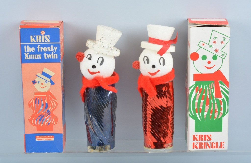 2 Rudley KRIS KRINGLE SNOWMAN CANDY CONTAINERS: Nice lot of 2 Rudley Kris Kringle Snowman Candy Containers with original boxes. Great colors and detail. 10" Excellent