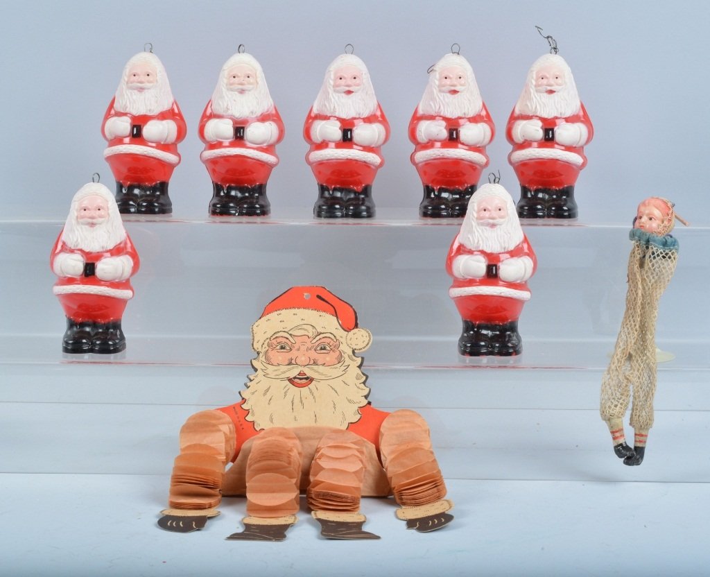 Lot of vintage SANTA CLAUS ITEMS: Nice lot of 7 vintage plastic Santa Claus Light Ornaments. Cardboard Santa display, and More. Largest measures 14" Excellent