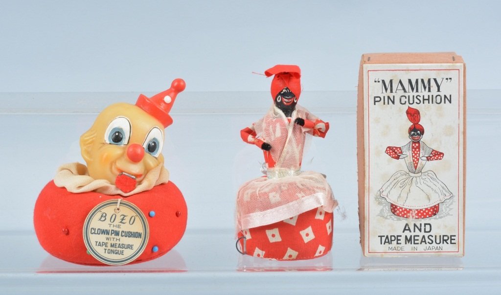 VINTAGE MAMMY & BOZO THE CLOWN TAPE MEASURES: Excellent Mammy tape measure and pin cushion with original box! Plus Bozo the Clown tape measure and pin cushion. Excellent