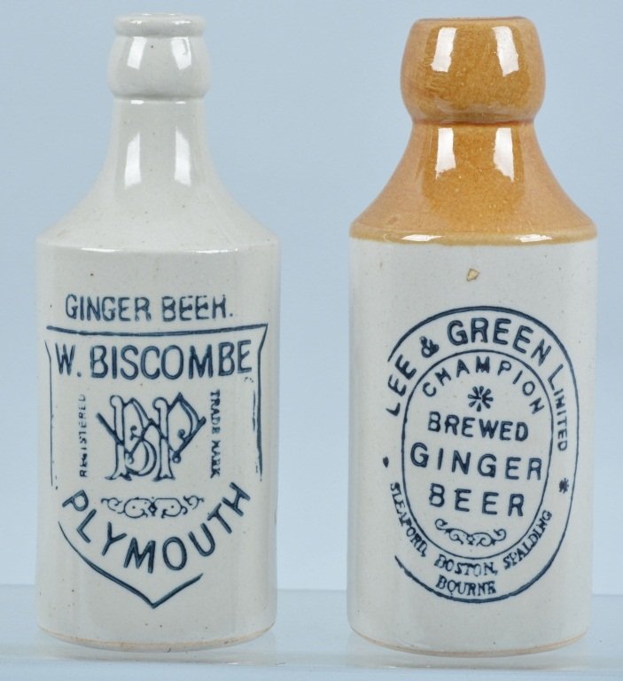Lot of 2 STONEWARE GINGER BEER BOTTLES: Includes W. Biscombe and Lee & Green. Both in great shape. Excellent