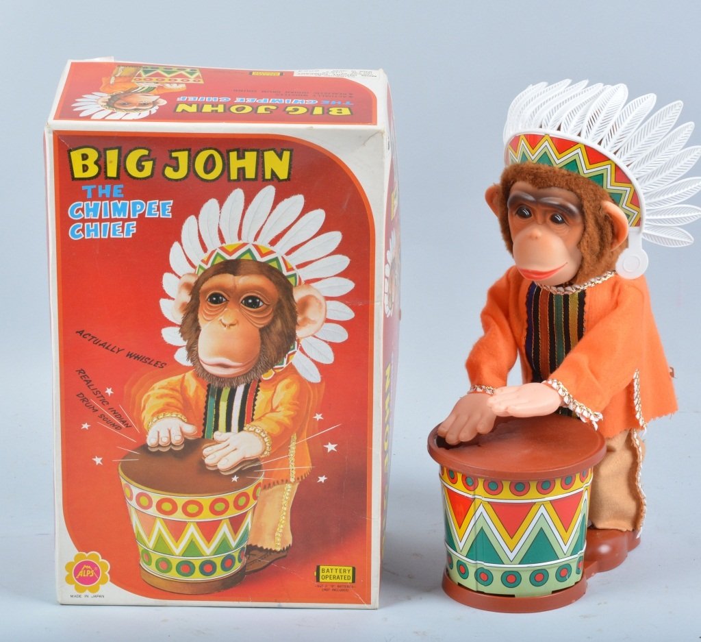 Big John Chimpee Chief Battery Toy, Boxed: Made by Alps Japan, the toy is working. Rubber drum head is torn, Excellent