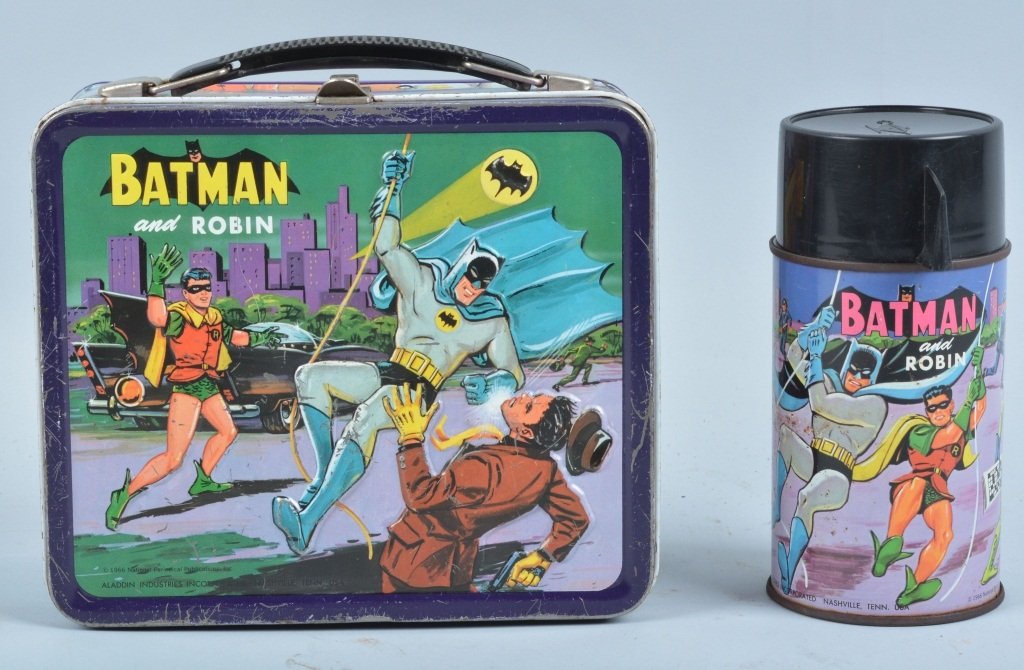 1966 Batman and Robin Lunch Box & Thermos: The box and thermos both have great graphics. Thermos is complete. Edge wear and light scratches. Very Good