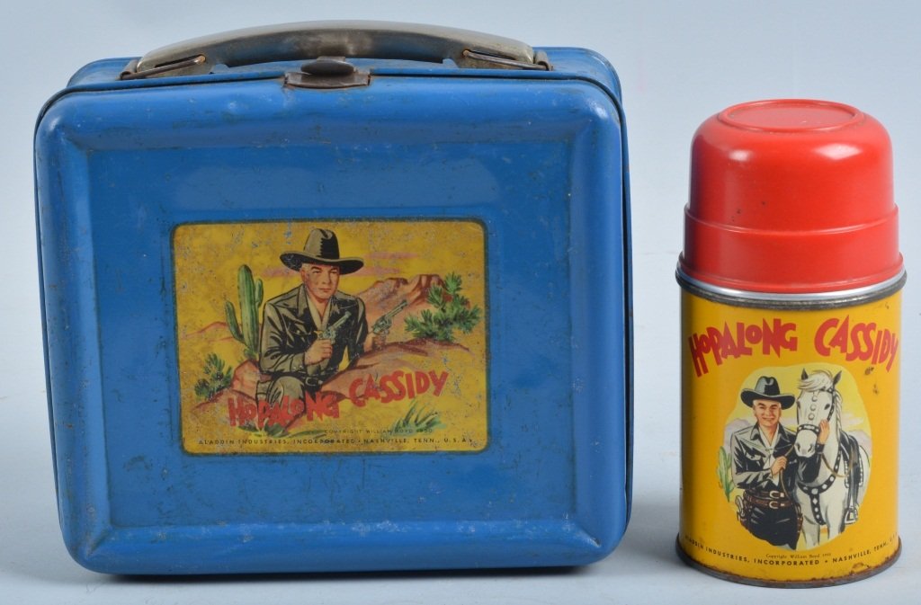 1950 Hopalong Cassidy Lunch Box with Thermos: Lunch box has wear, scratches and rust. Thermos is nice. Good-Very Good