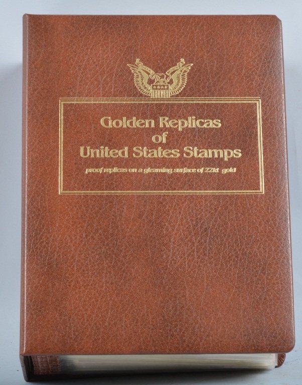 Golden Replicas of US Stamps, 1st Day Covers: Nice album of first day covers with 22kt gold plated replica stamps. Excellent