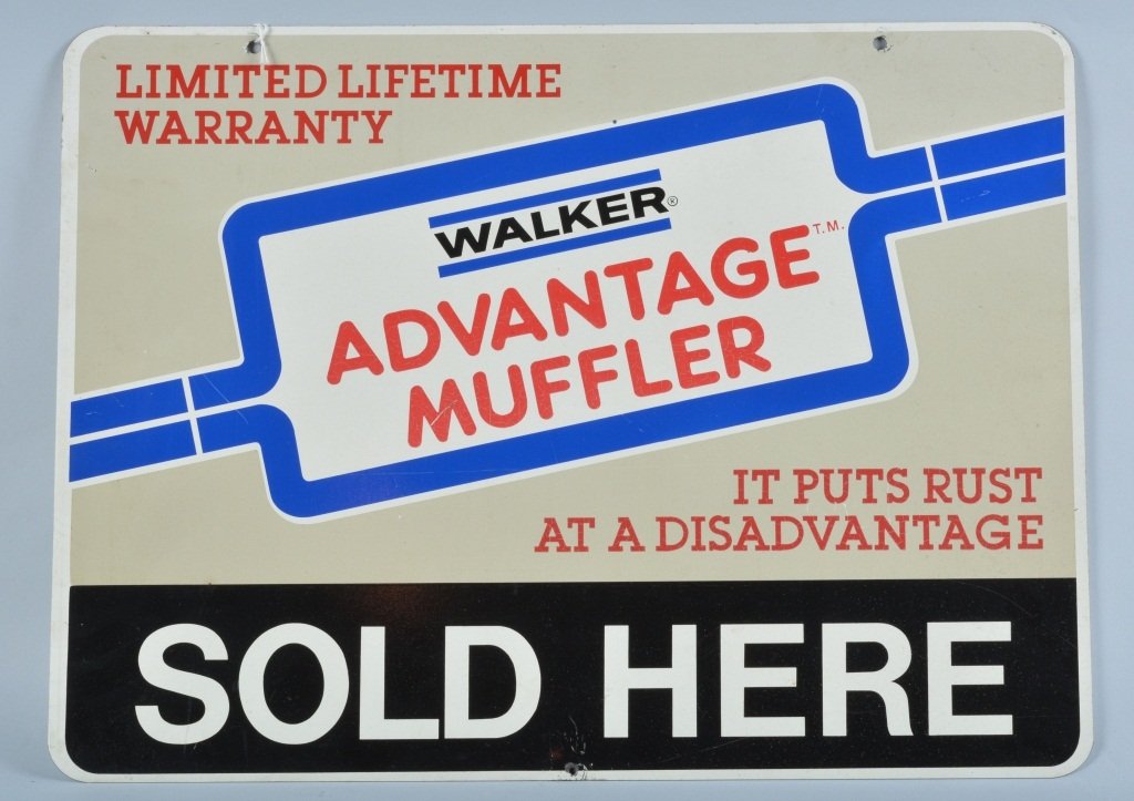 Walker Muffler Double Sided Tin Sign: Measures 24" by 18". Has light rubs and scratches. Bright colors. 9.00-9.00