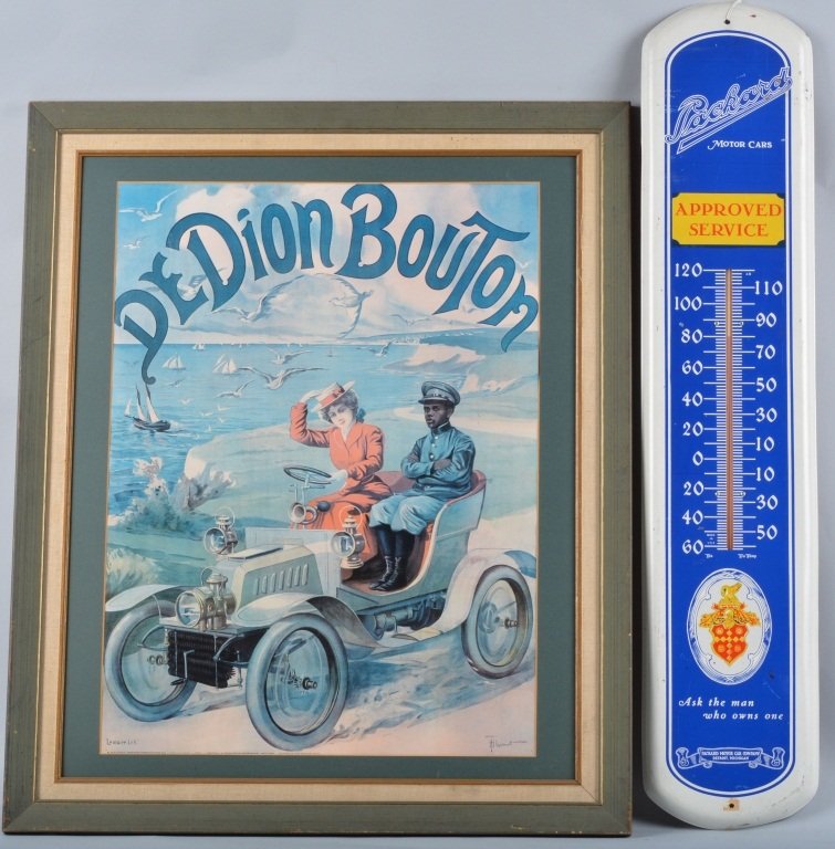 Lot of Packard Thermometer & More: Lot includes 2 contemporary advertising items. Tin Packard thermometer measures 38", and De Dion Bouton paper advertisement in frame measuring 35" by 28". Minor wear. Excellent