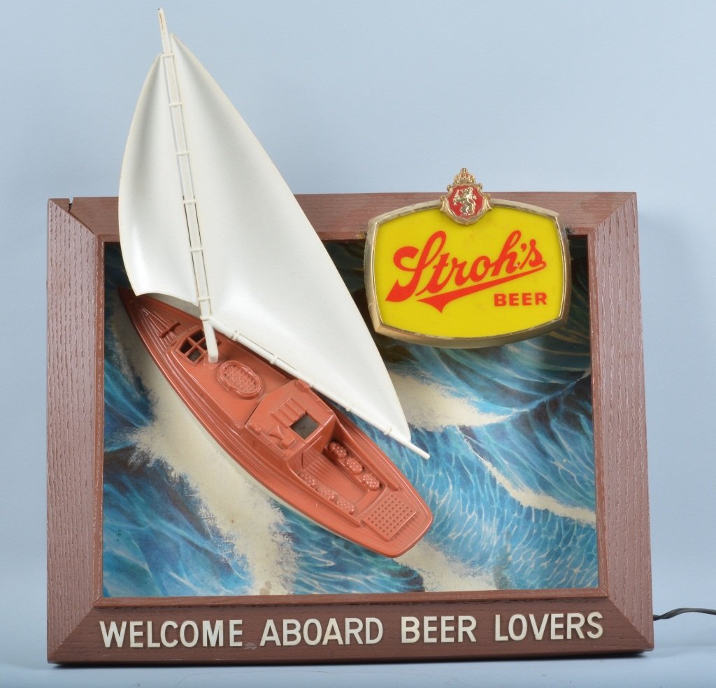 Stroh's Beer Lighted 3 -D Sign: Great looking sign measuring about 24" by 19". Great detail of sail boat. Working. Has a crack in upper left corner. Very Good-Excellent