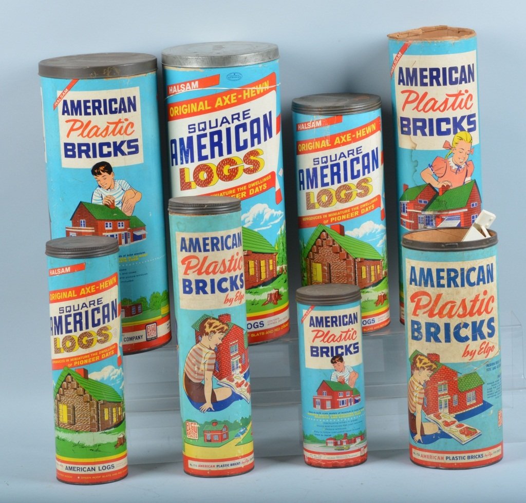Lot of 8 American Brick & Log Sets: Lot includes 8 different building sets. Two are missing lids. Very Good