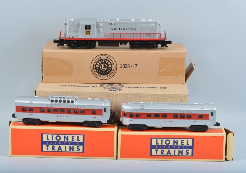 Lionel Set No. 1562W in Box: Includes Burlington Engine No. 2328, a No. 2442 Vista Dome Car and a No. 2446 Illuminated Observation Car. All Boxed with the set Box. Excellent