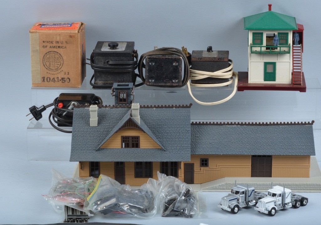 Lionel Buildings, Trucks & More: Lot includes large Lionel Station, Animated Switch Tower, 2 Lionel trucks, Several Lionel and Jefferson Transformers and more. Very Good