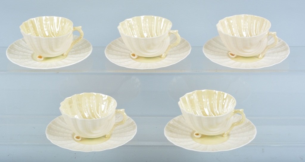 Lot of 5 Belleek Shell Cups & Saucers: Beautiful lot of 5 figural shell tea cups with matching saucers. Each piece is maker marked. Excellent