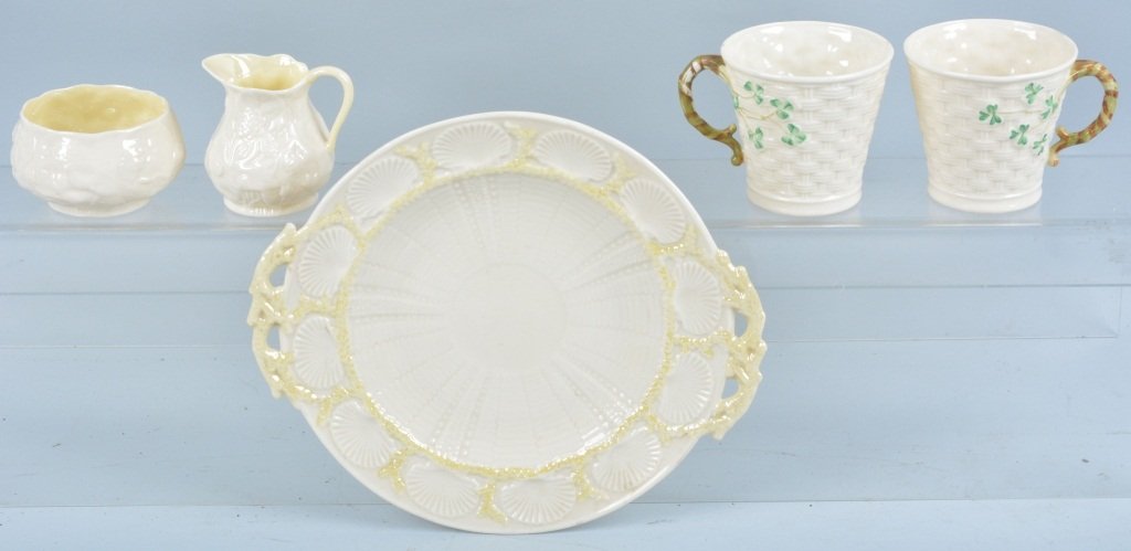 Lot of 5 Belleek Items, Platter & More: Nice lot with matching basket weave shamrock mugs, a creamer and sugar and a handled platter. Platter measures 10 1/2". Excellent