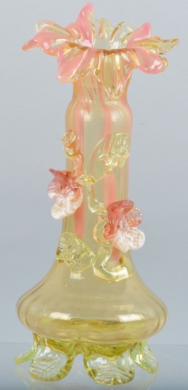 Stevens & Williams Art Glass Footed Vase: Beautiful vase measures 10" high, with nice colors and details. Has pontil underneath. Excellent