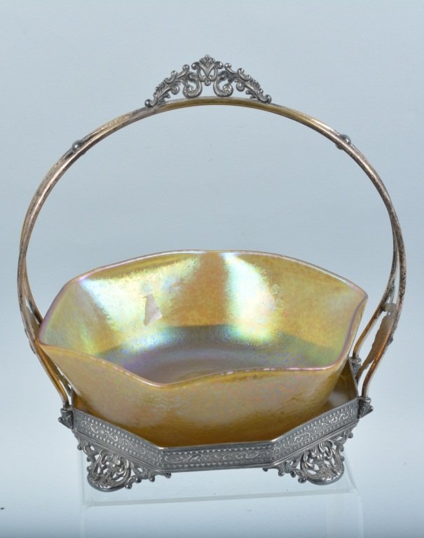 Loetz Art Glass Iridiscent Bowl & Silver Frame: Bowl measures 9" diameter and is signed underneath Loetz Austria. Ornate frame is quadruple plated and maker marked Poole Silver. Excellent