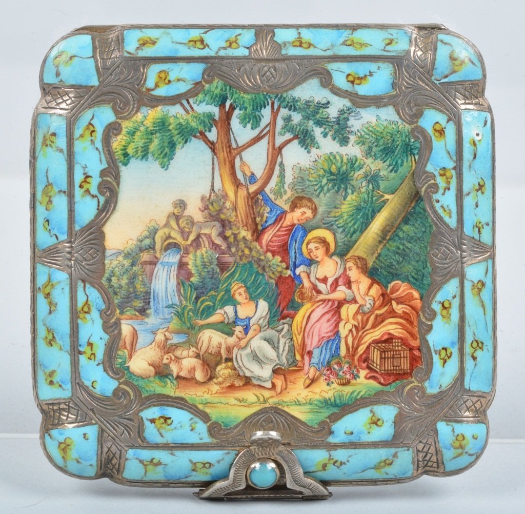 Vermeil Silver Enamaled Compact: Quality highly detailed compact measuring 3" by 3". Superb colors and details. Attributed to Vermeil Italy. Excellent