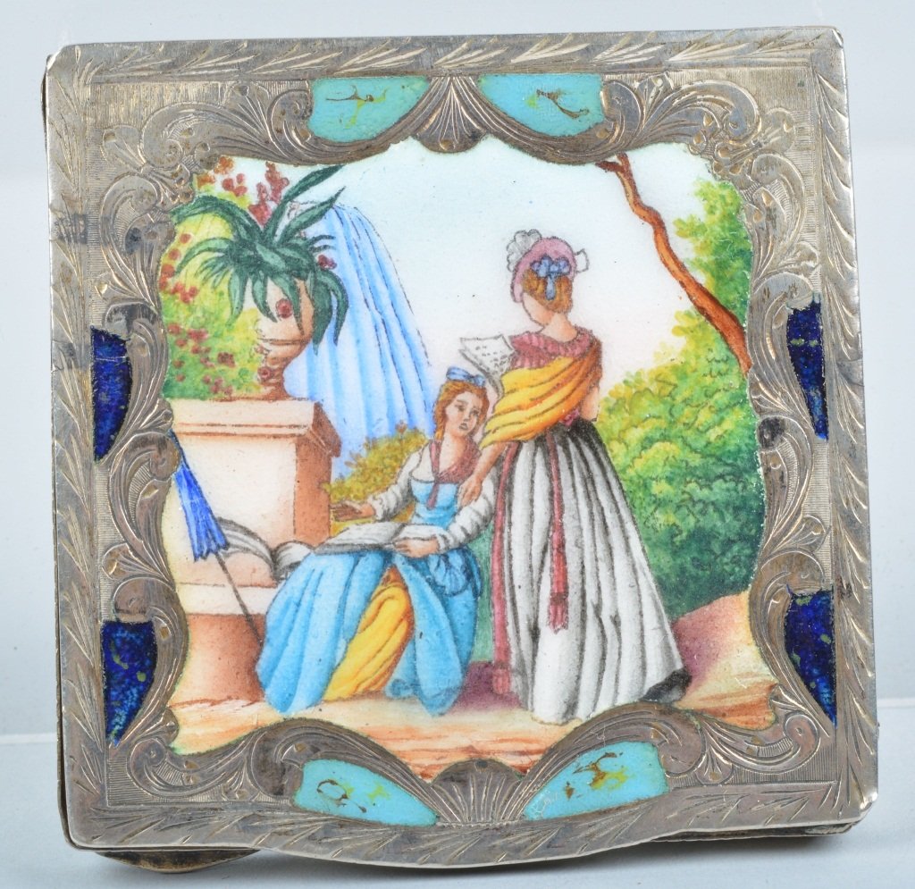 Vermeil Silver Enameled Compact: Quality highly detailed compact measuring 2 3/4" by 2 3/4". Superb colors and details. Attributed to Vermeil Italy. Excellent