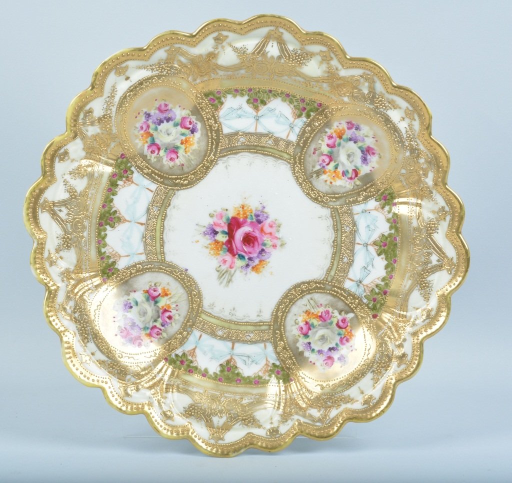 Large Nippon Ornate Platter: Measures 12" diameter and is profusely decorated with hand painted floral scenes and raised gold accents. Excellent