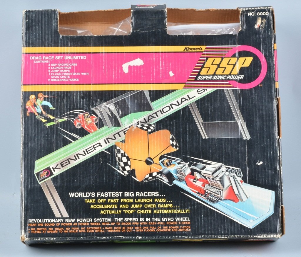 KENNER SSP DRAG RACE SET w/ BOX: Excellent Kenner Super Sonic Power Drag Race Set. Set looks mostly complete with 2 dragsters. With Box. 19"x18" Excellent