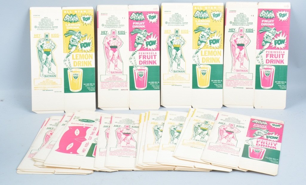 20- NOS BATMAN FRUIT DRINK CARTONS: Lot includes 10 Batman Fruit Drink and 10 Batman Lemon Drink new old stock Cartons. Great images of Batman on the cartons. Excellent