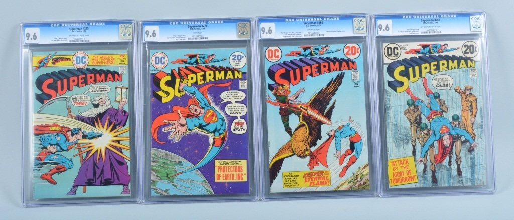 4- CGC GRADED SUPERMAN COMIC BOOKS: Includes GCG Graded 9.6 Superman #265, 9.6 Superman #260, 9.6 Superman #274, and 9.6 Superman #295. All sealed in cases. Excellent