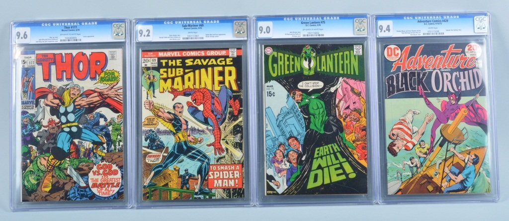 4- CGC GRADED COMICS THOR, GREEN LANTERN, & MORE: Includes CGC Graded 9.0 Green Lantern #75, 9.6 Thor #177, 9.2 The Savage Submariner #69, and 9.4 Black Orchid #429. All sealed in cases. Excellent