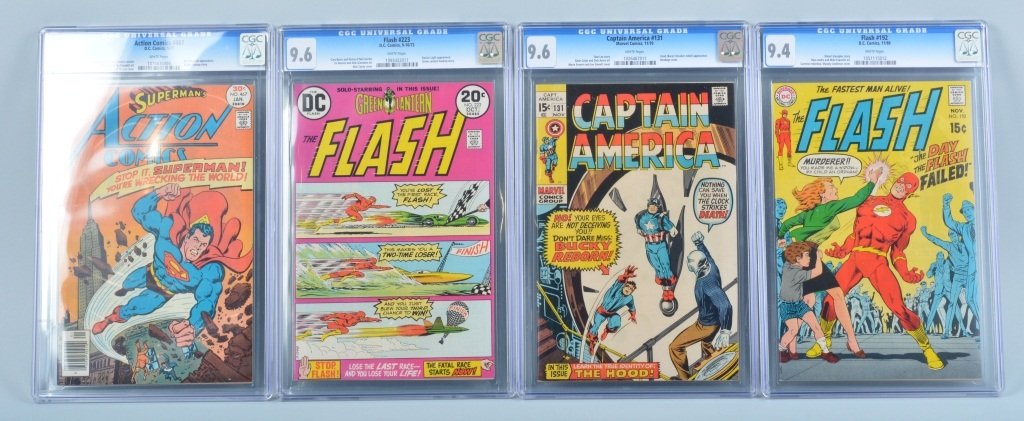 4- CGC GRADED COMICS SUPERMAN, FLASH, & MORE: Includes CGC Graded 9.6 Superman Action Comics #467, 9.6 Flash #223, 9.4 Flash #192, and 9.6 Captain America #131. Sealed in cases. Excellent