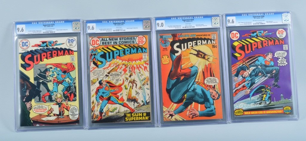 4- CGC GRADED SUPERMAN COMIC BOOKS: Includes CGC Graded 9.6 Superman #268, 9.0 Superman #234, 9.6 Superman #255, and 9.6 Superman #275. Sealed in cases. Excellent