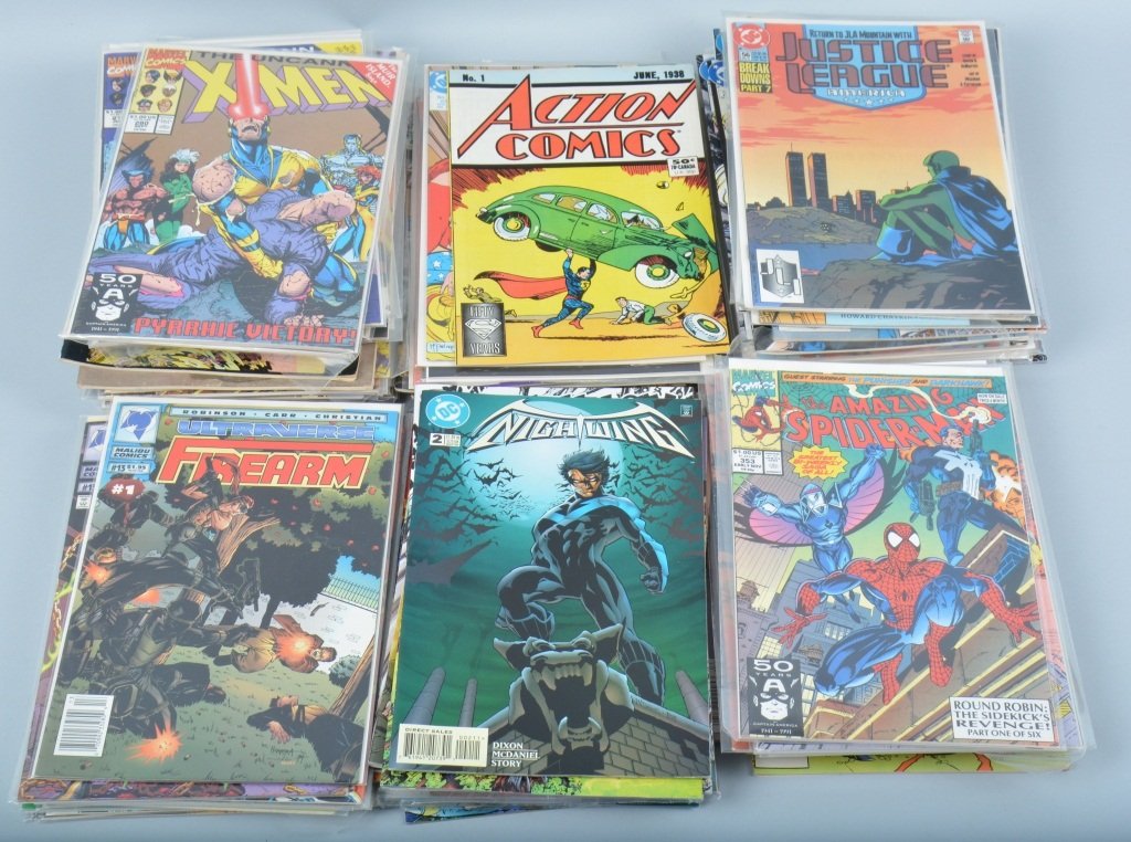 Lot of 100 VINTAGE COMIC BOOKS: Lot of 100 Vintage Comic Books. Includes Superman, Spiderman, Justice Society, Legion, X-Men, and More. Great shape many in sleeves. Excellent