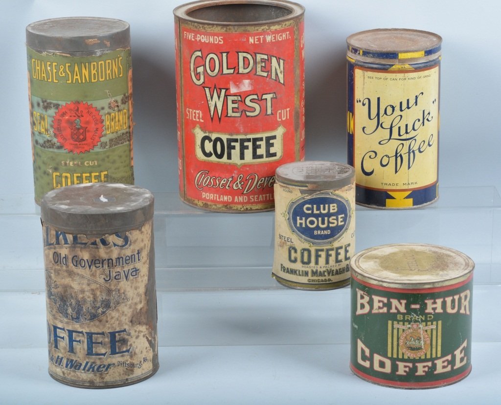 Lot of 6 COFFEE TINS: Includes Golden Westm Your Luck, Ben Hur, Chase & Sanborn, Walkers, and Club House. Some with paper labels. Largest 5 pound tin. Very Good