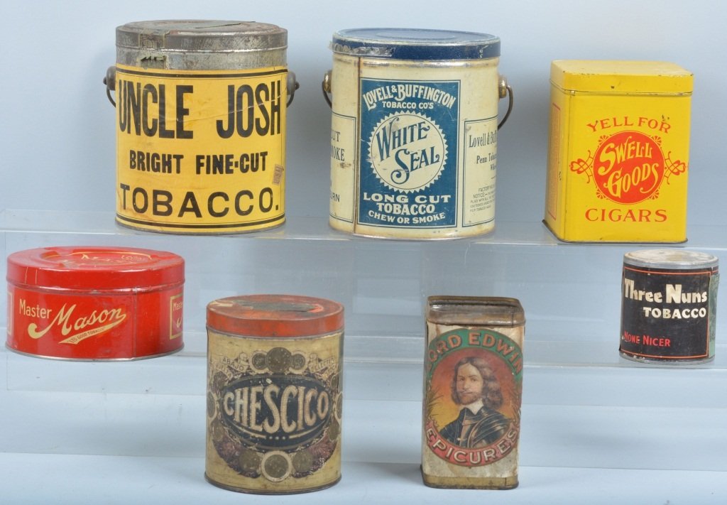 Lot of 7 TOBACCO TINS: Includes Master Mason, Uncle Josh, Swell Good, White Seal, Three Nuns, Chescico, and Lord Epicures. Some with paper labels. 5" Very Good