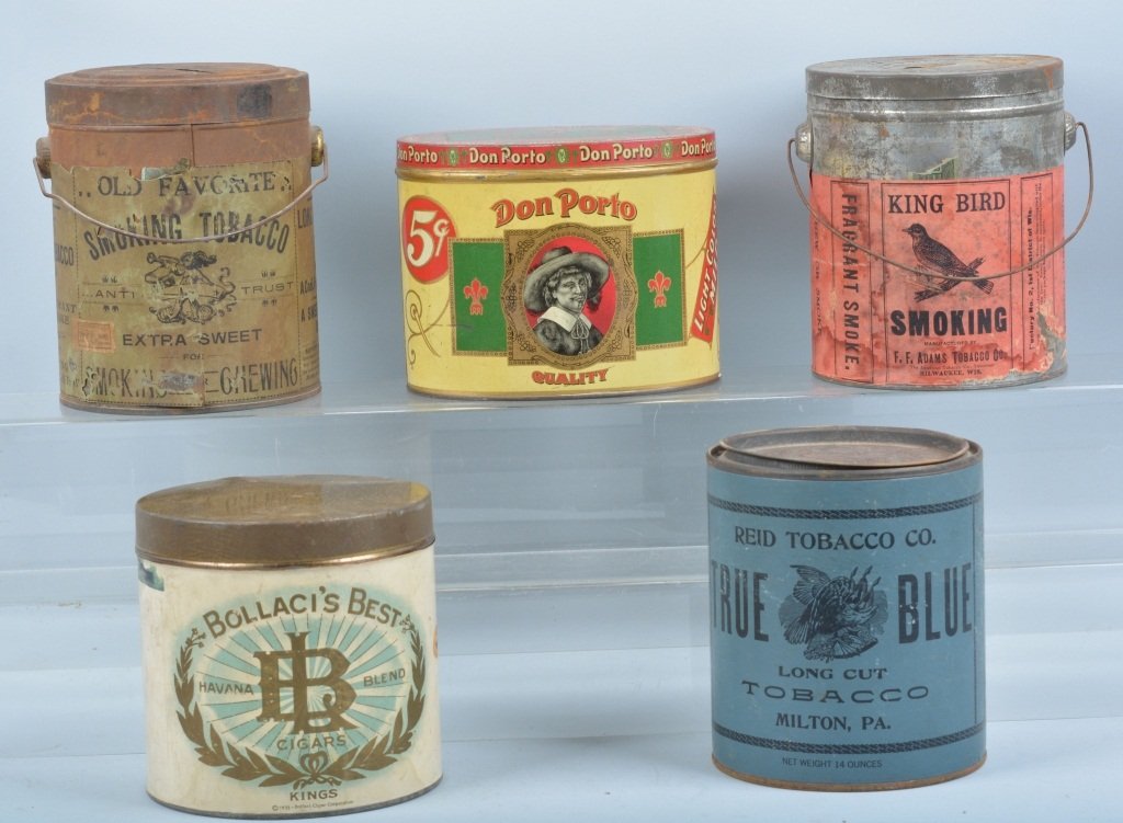 Lot of 5 TOBACCO TINS: Includes Don Porto, King Bird, Bollacis Best, True Blue, and Old Favorites. Some with paper labels. Nice colors. 5" Very Good
