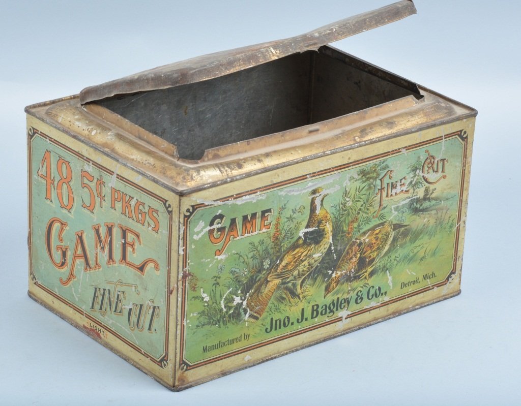 GAME FINE CUT Store Display TOBACCO TIN: Nice store display size Tobacco Tin. Nice graphics of birds. Has nice colors. does have wear. 11"x7" Very Good