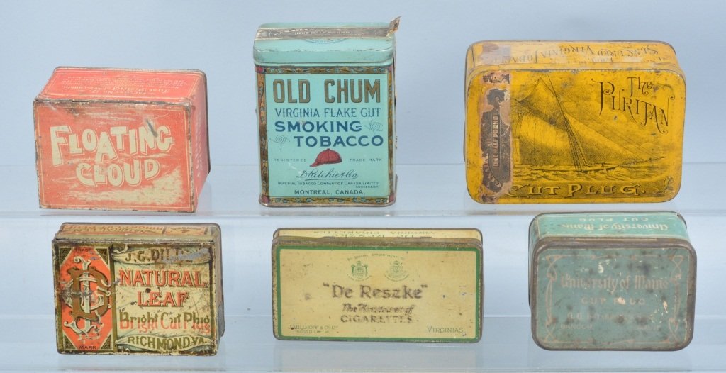 Lot of 6 Small TOBACCO TINS: Includes The Putitan, Natural Leaf, Floating Cloud, Old Chum, De Reszke, and University of Maine. Nice colors. 6" Very Good