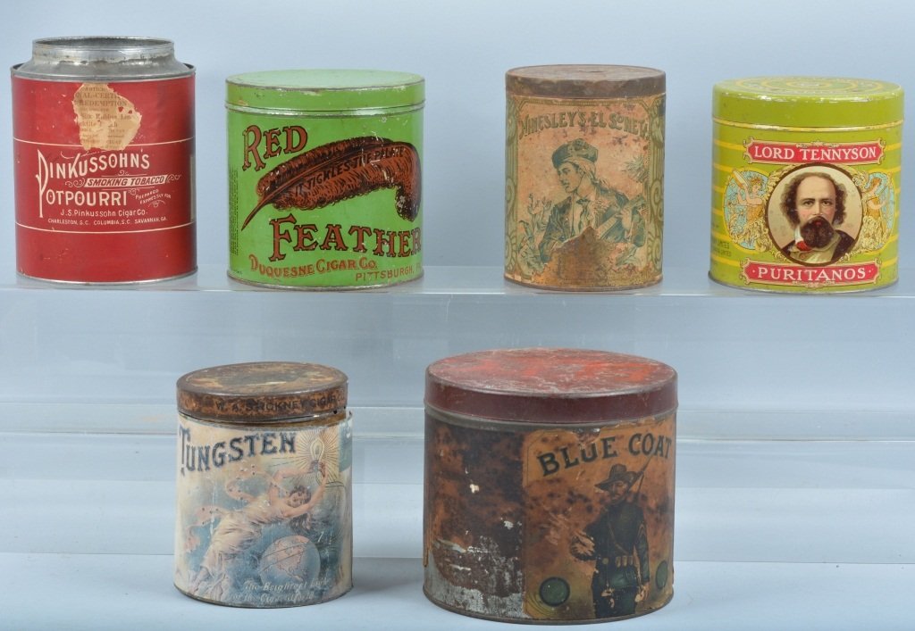 Lot of 6 TOBACCO TINS: Includes Red Feather, Blue Coat, Stickneys, Hinsley El Sonet, Pinkussohns, and Lord Tennyson. Some with paper labels. 6" Good-Very Good