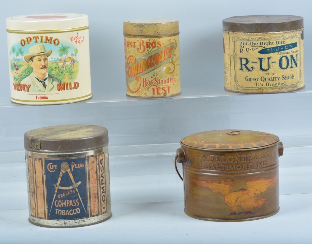 Lot of 5 TOBACCO TINS: Includes Hunt Bros, FW Felgner & Sons, Compass, R-U-ON, and Optimo. Some with paper labels. 5" Very Good