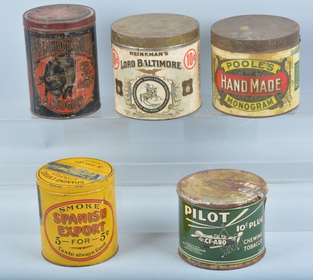 Lot of 5 TOBACCO TINS: Includes Pilot, Pittsburg Bully, Spanish Export, Pooles. and Lord Baltimore. Some with paper labels. 5" Fair-Excellent