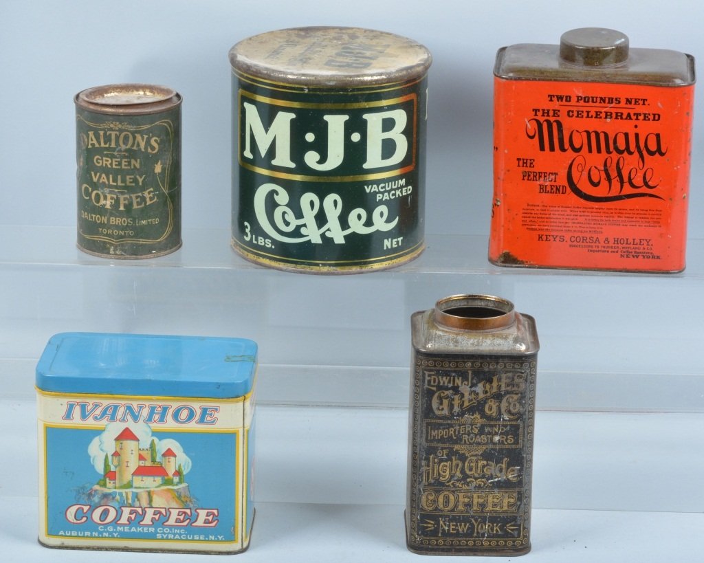 Lot of 5 COFFEE TINS: Includes MJB, Daltons Green Valley, Edwin Gillies, Momaja, and Ivanhoe. Nice colors. 6" Very Good