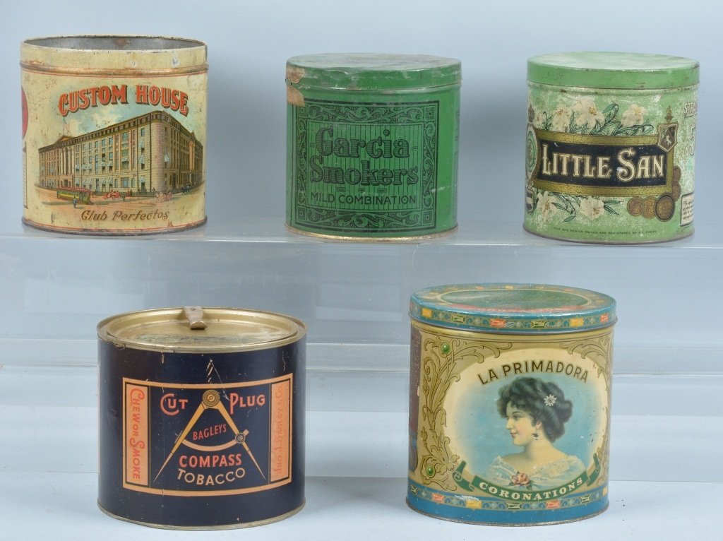 Lot of 5 TOBACCO TINS: Includes Little San, Bagleys Compass, La Primadora, Custom House, and Garcia Smokers. Some paper labels. nice colors. 5" Very Good