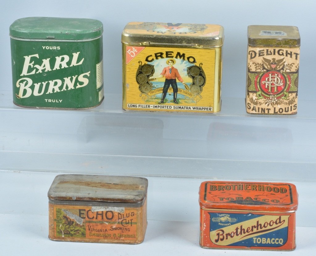 Lot of 5 TOBACCO TINS: Includes Cremo, Brotherhood, Delight, Earl Burns, and Echo. Some with paper label. Nice colors. 6" Very Good-Excellent