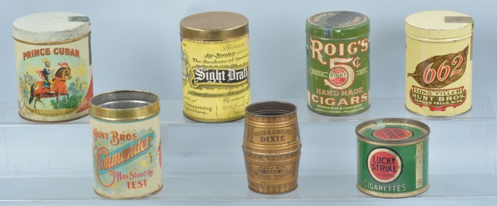 Lot of 7 TOBACCO TINS: Includes Prince Cuban, 662, Lucky Strike, Dixie, Commander, Roig's, and Sight Draft. Some paper labels. Nice colors. 4". Very Good-Excellent