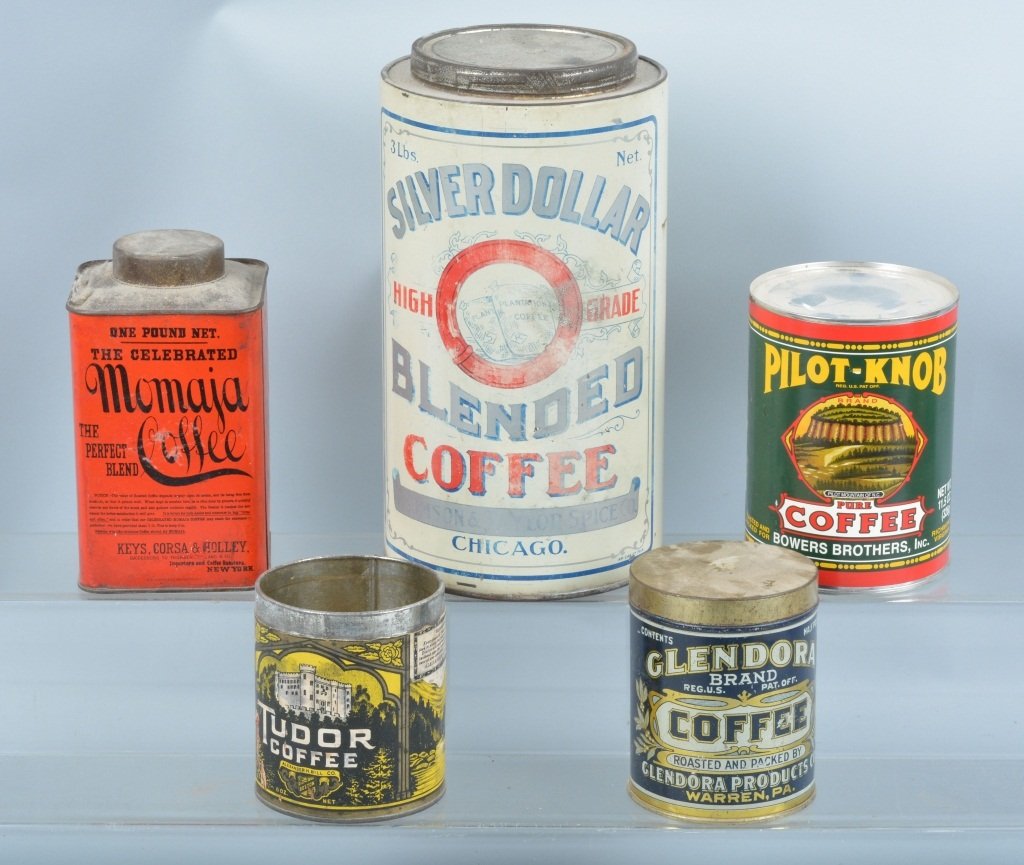 Lot of 5 COFFEE TINS: Nice lot includes Silver Dollar, Pilot-Knob, Momaja, Tudor, and Glendora, Largest measures 10" Very Good-Excellent