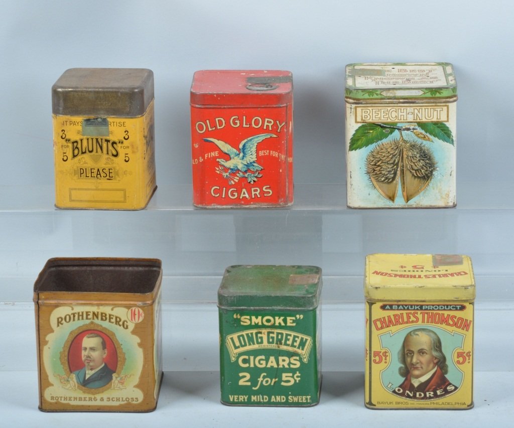 Lot of 6 TOBACCO TINS: Includes Old Glory, Charles Thompson, Beech-Nut, Blunts, Rothenberg, and Long Green. With nice colors. 4" Very Good-Excellent