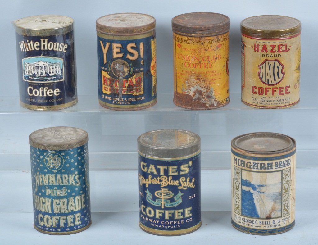 Lot of 7 COFFEE TINS: Includes White House, Yes Nectar, Newmarks, Hazel Brand, Niagara Brand, Union Club, and Gate's. Some paper labels. Nice colors. 4" Very Good