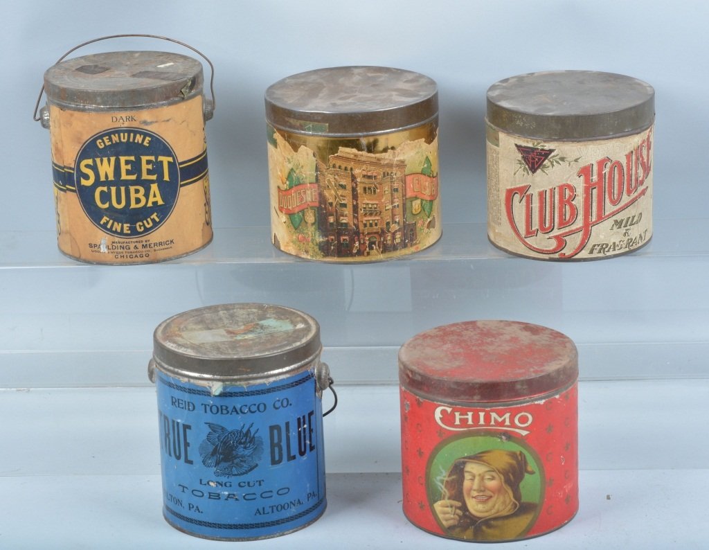 Lot of 5 PAPER LABLE TOBACCO TINS: Includes Duqesne Club, Sweet Cuba, Club House, True Blue, and Chimo. All with paper labels. Nice colors. 5" Very Good