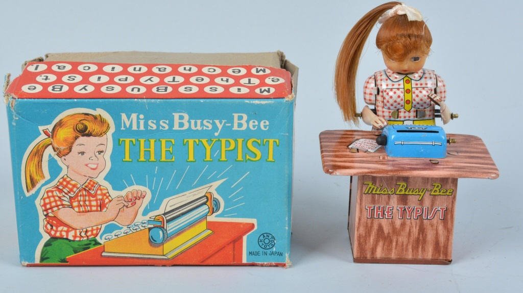 JAPAN Tin Windup BUSY BEE TYPIST w/ BOX (1 of 7)