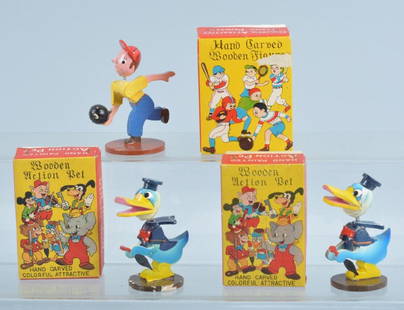 2 WOODEN DONALD DUCKS & MORE w/ BOX: Lot of wooden figures made in Japan. Includes 2 Donald Duck Figures and Bowling Figure. All original with great colors. With boxes. 3" Excellent